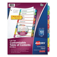 Customizable TOC Ready Index Multicolor Tab Dividers, 10-Tab, 1 to 10, 11 x 8.5, White, Contemporary Color Tabs, 1 Set AVE11842