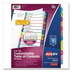 Customizable TOC Ready Index Multicolor Tab Dividers, 12-Tab, 1 to 12, 11 x 8.5, White, Contemporary Color Tabs, 1 Set AVE11843