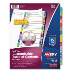 Customizable TOC Ready Index Multicolor Tab Dividers, 15-Tab, 1 to 15, 11 x 8.5, White, Contemporary Color Tabs, 1 Set AVE11845