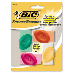 BIC® Eraser with Grip, For Pencil Marks, Oval Block, Medium, Assorted Colors, 4/Pack