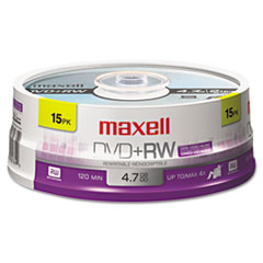 Maxell® DVD+RW Rewritable Disc, 4.7 GB, 4x, Spindle, Silver, 15/Pack