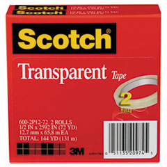 Scotch® Transparent Tape 600 2P12 72, 1/2" x 2592", 3" Core, Transparent, 2/Pack