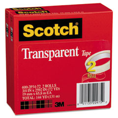 Scotch® Transparent Tape 600 2P34 72, 3/4" x 2592", 3" Core, Transparent, 2/Pack