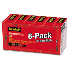 Scotch® Transparent Tape, 3/4" x 1296", 1" Core, Clear, 6/Pack