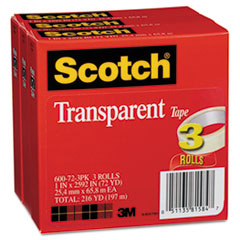 Transparent Transparent Tape 600 72 3PK 1"x 2592" Scotch 3/Pack 3" Core 