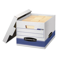Bankers Box® STOR/FILE Medium-Duty Letter/Legal Storage Boxes, Letter/Legal Files, 12.75" x 16.5" x 10.5", White/Blue, 4/Carton
