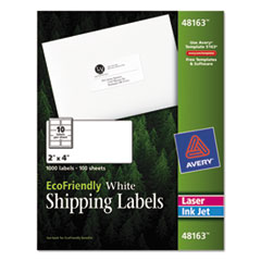 Avery® EcoFriendly Mailing Labels, Inkjet/Laser Printers, 2 x 4, White, 10/Sheet, 100 Sheets/Pack