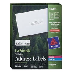 EcoFriendly Mailing Labels, Inkjet/Laser Printers, 1 x 2.63, White, 30/Sheet, 250 Sheets/Box