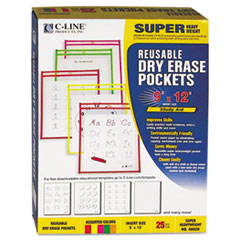 C-Line® Reusable Dry Erase Pockets, 9 x 12, Assorted Neon Colors, 25/Box