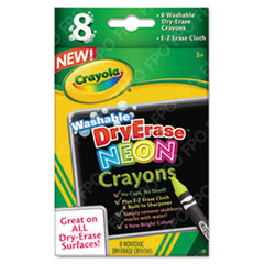 Crayola® Washable Dry Erase Crayons w/E-Z Erase Cloth, Assorted Neon Colors, 8/Pack