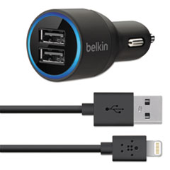 Belkin® Dual Car Charger, Two 2.1 Amp Ports, Detachable Lightning Cable
