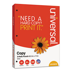 Universal® Copy Paper, 92 Bright, 3-Hole, 20 lb, 8.5 x 11, White, 500 Sheets/Ream, 10 Reams/Carton