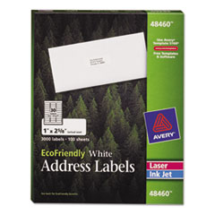 Avery® EcoFriendly Mailing Labels, Inkjet/Laser Printers, 1 x 2.63, White, 30/Sheet, 100 Sheets/Pack