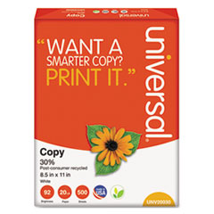 Universal® 30% Recycled Copy Paper, 92 Bright, 20 lb, 8.5 x 11, White, 500 Sheets/Ream, 10 Reams/Carton