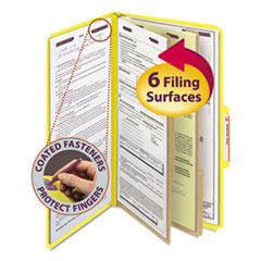 Smead™ Six-Section Pressboard Top Tab Classification Folders, Six SafeSHIELD Fasteners, 2 Dividers, Legal Size, Yellow, 10/Box