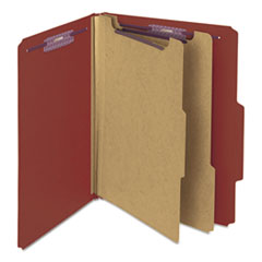 Smead™ Pressboard Classification Folders, Six SafeSHIELD Fasteners, 2/5-Cut Tabs, 2 Dividers, Letter Size, Red, 10/Box