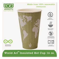 Eco-Products® World Art Renewable and Compostable Insulated Hot Cups, PLA, 16 oz, 40/Packs, 15 Packs/Carton