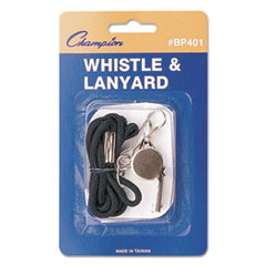 Champion Sports Sports Whistle with Black Nylon Lanyard, Metal, Silver