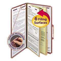 Smead® Pressboard Classification Folders with SafeSHIELD Coated Fasteners, 2/5 Cut, 2 Dividers, Legal Size, Red, 10/Box