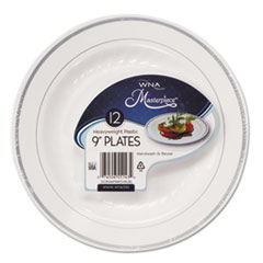 WNA Masterpiece Plastic Dinnerware, 9" dia, White/Silver, 10/Pack