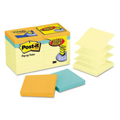 Post-it® Pop-up Notes Original Pop-up Notes Value Pack, 3 x 3, Canary/Cape Town, 100-Sheet, 18/Pack