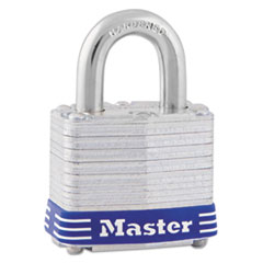 Master Lock® Four-Pin Tumbler Lock, Laminated Steel Body, 1 9/16" Wide, Silver/Blue, Two Keys