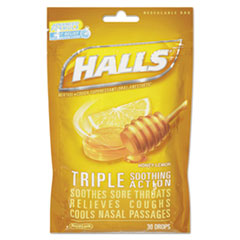 HALLS Triple Action Cough Drops, Honey-Lemon, 30/Bag, 12 Bags/Box
