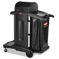Rubbermaid® Commercial Executive High Security Janitorial Cleaning Cart, Plastic, 4 Shelves, 1 Bin, 23.1" x 39.6" x 27.5", Black