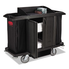 Rubbermaid® Commercial Full-Size Housekeeping Cart with Doors, Plastic, 3 Shelves, 2 Bins, 22" x 60" x 50", Black