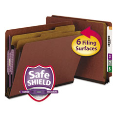 End Tab Pressboard Classification Folders, Six SafeSHIELD Fasteners, 2" Expansion, 2 Dividers, Letter Size, Red, 10/Box