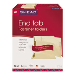 Smead™ End Tab Fastener Folders with Reinforced Straight Tabs, 11-pt Manila, 2 Fasteners, Letter Size, Manila Exterior, 50/Box