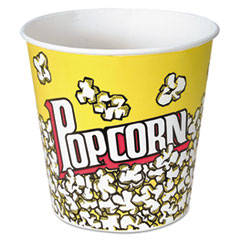 Dart® Paper Popcorn Bucket, Popcorn Design, 85 oz, Yellow/Red, 15/Pack, 10 Packs/Carton