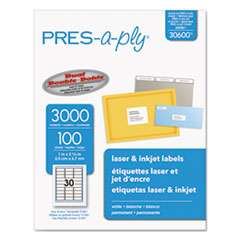 PRES-a-ply® Labels, Laser Printers, 1 x 2.63, White, 30/Sheet, 100 Sheets/Box