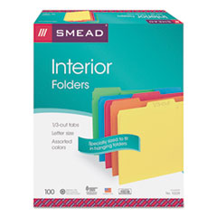 Smead™ Interior File Folders, 1/3-Cut Tabs: Assorted, Letter Size, 0.75" Expansion, Assorted Colors, 100/Box