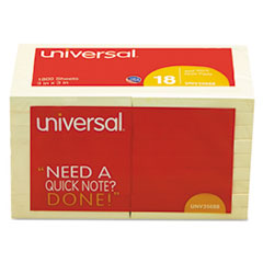 Universal® Self-Stick Note Pads, 3 x 3, Yellow, 100-Sheet, 18/Pack