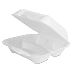Plastifar Double-Foam Food Containers, 8 x 8 x 3, White, 3-Compartment, 2/Carton