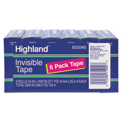 Highland™ Invisible Permanent Mending Tape, 3/4" x 1000", 1" Core, Clear, 6/Pack
