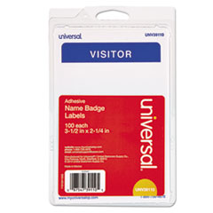 Universal® "Visitor" Self-Adhesive Name Badges, 3 1/2 x 2 1/4, White/Blue, 100/Pack