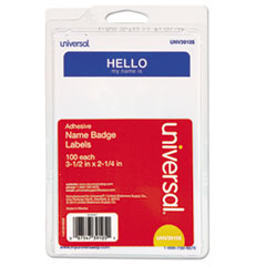 Universal® "Hello" Self-Adhesive Name Badges, 3 1/2 x 2 1/4, White/Blue, 100/Pack
