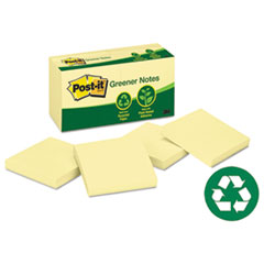 Post-it® Greener Notes Original Recycled Note Pads, 3" x 3", Canary Yellow, 100 Sheets/Pad, 12 Pads/Pack