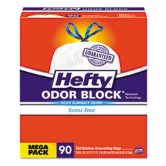 Hefty® Odor Block Tall-Kitchen Drawstring Bags, 13gal, .9 mil, White, 90/BX, 3 BX/CT