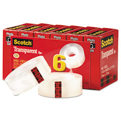 Scotch® Transparent Tape, 3/4" x 1000", 1" Core, Clear, 6/Pack