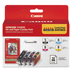 Canon® 0628B027 (PGI-5/CLI-8) ChromaLife100+ Ink/Paper Combo, Black/Cyan/Magenta/Yellow
