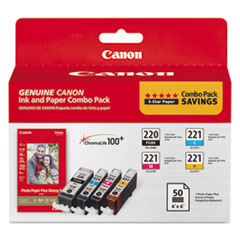 Canon® 2945B011 (PGI-220/CLI-221) ChromaLife100+ Ink/Paper Combo, Black/Cyan/Magenta/Yellow