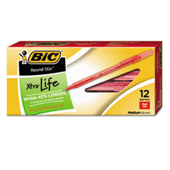 BIC® Round Stic Xtra Life Ballpoint Pen, Red Ink, 1mm, Medium, Dozen