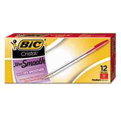 BIC® Cristal Xtra Smooth Ballpoint Pen, Stick, Medium 1 mm, Red Ink, Clear Barrel, Dozen