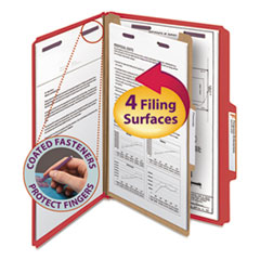 Smead™ Four-Section Pressboard Top Tab Classification Folders, Four SafeSHIELD Fasteners, 1 Divider, Legal Size, Bright Red, 10/Box