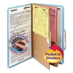 Smead™ 6-Section Pressboard Top Tab Pocket Classification Folders, 6 SafeSHIELD Fasteners, 2 Dividers, Legal Size, Blue, 10/Box