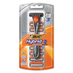 BIC® Hybrid 3 Comfort Disposable Men's Razor, 3 Blades, Silver/Orange, 6/Pack