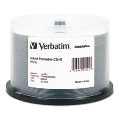 Verbatim® CD-R DataLife Plus Printable Recordable Disc, Printable, 700 MB/80 min, 52x, Spindle, White, 50/Pack